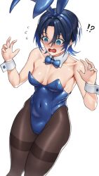 Rule 34 | 1girl, @ @, animal ears, black hair, black pantyhose, blue bow, blue bowtie, blue eyes, blue leotard, blush, bow, bowtie, breasts, covered navel, detached collar, feet out of frame, highres, hiodoshi ao, hololive, hololive dev is, leotard, nose blush, open mouth, pantyhose, playboy bunny, rabbit ears, short hair, simple background, skylock, small breasts, solo, strapless, strapless leotard, surprised, thighband pantyhose, virtual youtuber, white background, wrist cuffs