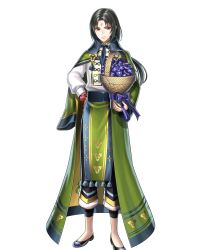 Rule 34 | 1boy, basket, black hair, bow, bowtie, cape, facial mark, fire emblem, fire emblem: path of radiance, fire emblem: radiant dawn, fire emblem heroes, flower, forehead mark, full body, haru (toyst), highres, long hair, low ponytail, male focus, nintendo, official alternate costume, official art, red eyes, solo, soren (fire emblem), transparent background, weapon