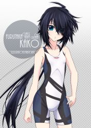 Rule 34 | 1girl, ahoge, artist name, black hair, blue eyes, blush, bodysuit, breasts, character name, checkered background, collarbone, commentary request, contrapposto, cowboy shot, diving suit, eyes visible through hair, female focus, gradient background, grey background, hair between eyes, hair ornament, hairclip, highres, inaba shiki, kako (kancolle), kantai collection, long hair, looking at viewer, messy hair, multicolored clothes, multicolored swimsuit, one-hour drawing challenge, one-piece swimsuit, parted bangs, ponytail, simple background, sleeveless, small breasts, solo, swimsuit, very long hair, wetsuit, white one-piece swimsuit, white wetsuit