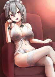 Rule 34 | 1girl, armchair, babydoll, bare shoulders, bow, bra, braid, breasts, chair, chemise, cleavage, collarbone, crossed legs, denki (biribiri), floral print, garter belt, garter straps, green bow, grey babydoll, grey bra, grey panties, grey thighhighs, groin, hair between eyes, hair bow, hair ribbon, hand on own cheek, hand on own face, hand up, highres, izayoi sakuya, lace, lace-trimmed legwear, lace trim, large breasts, lingerie, looking at viewer, maid headdress, navel, open mouth, panties, red eyes, ribbon, short hair, side-tie panties, side braid, sidelocks, sitting, solo, stomach, string panties, thighhighs, tongue, touhou, tress ribbon, twin braids, underwear, underwear only