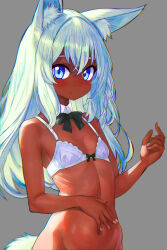 Rule 34 | 1girl, absurdres, animal ear fluff, animal ears, black bow, black bowtie, blue eyes, blue hair, blush, bottomless, bow, bowtie, bra, chromatic aberration, dark-skinned female, dark skin, detached collar, flat chest, grey background, hand on own stomach, highres, light blue hair, long hair, looking at viewer, navel, original, out-of-frame censoring, petite, pink nails, simple background, smile, solo, tail, tsukiyono aroe, underwear, white bra