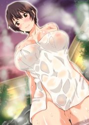 Rule 34 | 10s, 1girl, bare shoulders, black hair, blush, breasts, brown eyes, cleavage, covered erect nipples, cowboy shot, gluteal fold, idolmaster, idolmaster cinderella girls, kimura neito, large breasts, looking at viewer, naked towel, oikawa shizuku, onsen, partially submerged, see-through, see-through silhouette, short hair, smile, solo, steam, towel, wading, water, wet, wet towel