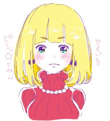 Rule 34 | 1girl, arms at sides, belle (pop&#039;n music), blonde hair, blunt bangs, blush, cat earrings, closed mouth, cropped torso, green eyes, highres, jewelry, necklace, pearl necklace, pop&#039;n music, red sweater, ribbed sweater, short hair, simple background, solo, sweater, translation request, turtleneck, turtleneck sweater, uminonagisa, white background