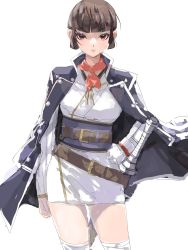 Rule 34 | 1girl, artist request, belt, blunt bangs, breasts, brown eyes, brown hair, coat, highres, isabeau (megami tensei), looking at viewer, red eyes, shin megami tensei, shin megami tensei iv, short hair, simple background, smile, solo, sword, thighhighs, weapon, white background