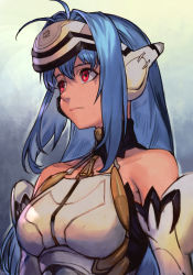 Rule 34 | 1girl, android, bare shoulders, black choker, blue hair, breasts, choker, closed mouth, elbow gloves, expressionless, forehead protector, gloves, hungry clicker, kos-mos, long hair, medium breasts, red eyes, simple background, solo, xenosaga