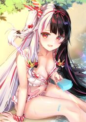 1girl :d bare_arms bare_legs beach bikini black_hair blush bow breasts cleavage collarbone day food frilled_bikini frills front-tie_bikini_top front-tie_top hair_bow hair_ribbon hairband highres holding holding_food holding_popsicle long_hair looking_at_viewer medium_breasts multicolored_hair nail_polish navel nijisanji open_mouth outdoors pink_hair popsicle red_eyes red_hairband red_nails red_ribbon red_trim ribbon scrunchie sitting smile solo striped_bow striped_clothes striped_scrunchie summer sweatdrop swimsuit tojo_(natumi1412) very_long_hair virtual_youtuber white_bikini white_hair wrist_scrunchie yorumi_rena yorumi_rena_(7th_costume)