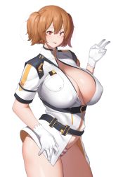 Rule 34 | 1girl, :p, belt, black belt, blush, breasts, brown hair, cerberus (last origin), cleavage, collar, commentary request, covered erect nipples, cowboy shot, gloves, hair between eyes, huge breasts, jacket, korean commentary, last origin, looking at viewer, medium hair, midriff, mole, mole under eye, naked jacket, navel, no pants, panties, red eyes, short sleeves, simple background, smile, solo, standing, striped clothes, striped panties, sungpark, tongue, tongue out, twintails, underwear, v, white background, white gloves, white jacket