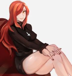 Rule 34 | 1girl, breasts, chair, cross, cross necklace, hair over one eye, hands on own knees, hands together, highres, jewelry, large breasts, crossed legs, long hair, looking at viewer, nail polish, necklace, parasoul (skullgirls), pow3776, red hair, sitting, skullgirls, smile, white background, yellow eyes