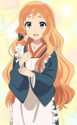 Rule 34 | 10s, 1girl, :d, apron, black bow, blue eyes, blue kimono, bow, cowboy shot, cp9a, hair bow, japanese clothes, kimono, long hair, long sleeves, looking at viewer, natsume nina, open mouth, orange hair, short eyebrows, sidelocks, smile, solo, standing, thick eyebrows, two-tone bow, urara meirochou, wavy hair, white apron, white bow, wide sleeves, yellow background