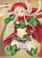 Rule 34 | 1girl, alleyne (queen&#039;s blade), alleyne (queen's blade), bad id, bad pixiv id, beret, blonde hair, blue eyes, boots, braid, elf, fighting master alleyne, gloves, green footwear, hat, kanden sky, long hair, midriff, navel, open mouth, pointing, pointy ears, queen&#039;s blade, solo, thigh boots, thighhighs