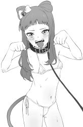 Rule 34 | 1girl, bell, belt collar, bikini, blush, bow, collar, contrapposto, copyright request, cowboy shot, double bun, greyscale, hair bell, hair bow, hair bun, hair ornament, hands up, highres, jingle bell, leash, looking at viewer, micro bikini, monochrome, navel, open mouth, osame, paw pose, side-tie bikini bottom, simple background, solo, swimsuit, tongue, tongue out, white background