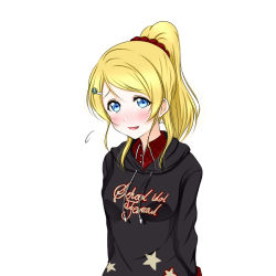 Rule 34 | 10s, 1girl, :d, arms behind back, ayase eli, black sweater, blonde hair, blue eyes, copyright name, hair ornament, hair scrunchie, hairclip, high ponytail, looking at viewer, love live!, love live! school idol project, open mouth, roaru (gyuren), scrunchie, simple background, smile, solo, standing, star (symbol), star print, sweater, upper body, white background