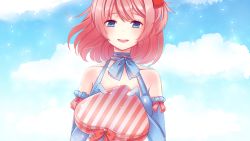 Rule 34 | 1girl, :d, bare shoulders, blue eyes, blue gloves, blue sky, box, cloud, doki doki literature club, elbow gloves, game cg, gloves, heart-shaped box, looking at viewer, medium hair, open mouth, peachcake, pink hair, sayori (doki doki literature club), sky, smile, solo