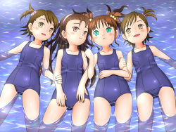 Rule 34 | 4girls, brown hair, futami ami, futami mami, highres, holding another&#039;s arm, idolmaster, idolmaster (classic), lying, minase iori, multiple girls, on back, one-piece swimsuit, partially submerged, rumil, school swimsuit, siblings, sisters, swimming, swimsuit, takatsuki yayoi, twins, water
