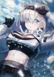 Rule 34 | 1girl, absurdres, animal ears, arknights, arm up, aurora (arknights), bear ears, black gloves, black hairband, blue eyes, blush, breasts, cleavage, cleavage cutout, clothing cutout, commentary request, crop top, cropped jacket, gloves, hair over one eye, hairband, hand up, highres, large breasts, long hair, looking at viewer, midriff, navel, partial commentary, solo, stomach, strapless, tube top, upper body, very long hair, white hair, wn (wani-noko)