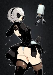 1girl 2b_(nier:automata) ass back_cutout black_background black_blindfold black_dress black_gloves black_hairband black_thighhighs blindfold bob_cut clothing_cutout cowboy_shot dress eightyfourart from_behind gloves gluteal_fold hairband highres juliet_sleeves leotard long_sleeves nier:automata nier_(series) pod_(nier:automata) puffy_sleeves short_hair signature skindentation solo thighhighs white_hair white_leotard