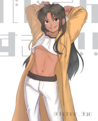Rule 34 | 1boy, arms behind head, arms up, badrinath harchand, blouse, blue eyes, coat, commentary, contrapposto, cowboy shot, crop top, dark-skinned male, dark skin, drawstring, green hair, grin, highres, kidou keisatsu patlabor, long hair, looking at viewer, navel, open clothes, open coat, pants, ribs, sanohuge, shirt, smile, solo, tank top, twitter username, very long hair, white background, white pants, white shirt, yellow coat