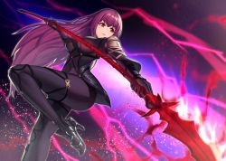 Rule 34 | 1girl, ankle boots, armor, armored boots, bodysuit, boots, breasts, closed mouth, commentary request, covered navel, electricity, fate/grand order, fate (series), foreshortening, gae bolg (fate), highres, holding, holding polearm, holding spear, holding weapon, large breasts, leg up, light particles, long hair, looking away, moonandmist, outstretched arm, polearm, purple background, purple bodysuit, purple hair, red eyes, scathach (fate), serious, shoulder armor, solo, spear, standing, standing on one leg, weapon