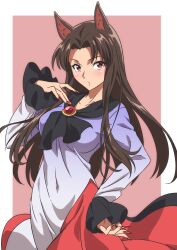 Rule 34 | 1girl, animal ears, breasts, brown background, brown hair, closed mouth, commentary, covered navel, dress, fingernails, gyouza (mhea5724), highres, imaizumi kagerou, long fingernails, long hair, long sleeves, looking at viewer, medium breasts, red dress, red eyes, red nails, simple background, solo, tail, touhou, two-tone dress, white dress, wolf ears, wolf girl, wolf tail