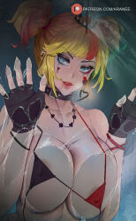 Rule 34 | against glass, araneesama, bikini, bikini top only, blonde hair, blue eyes, breast press, breasts, breasts on glass, collar, covered erect nipples, dark background, dc comics, fingerless gloves, glass door, gloves, gradient hair, harley quinn, heart, heart-shaped breath, heart tattoo, highres, large breasts, looking at viewer, multicolored hair, short twintails, swimsuit, tattoo, twintails