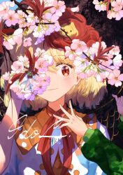 Rule 34 | 1girl, animal, animal on head, bird, bird on head, blonde hair, cherry blossoms, cover, cover page, flower, highres, kajatony, multicolored hair, niwatari kutaka, on head, pink flower, red eyes, smile, solo, touhou, two-tone hair