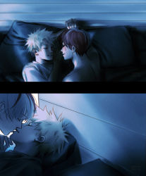 Rule 34 | 2boys, artist name, bakugou katsuki, bare arms, bare shoulders, bed, blanket, blonde hair, boku no hero academia, burn scar, closed mouth, couple, eyebrows, grin, hair between eyes, happy, highres, holding hands, indoors, kiss, lying, male focus, moltiemoltie, moonlight, multicolored hair, multiple boys, night, on back, pale skin, parted lips, pillow, red hair, scar, scar across eye, scar on face, shirt, short hair, short sleeves, sideburns, smile, spiked hair, t-shirt, teeth, todoroki shouto, topless male, twitter username, two-tone hair, watermark, white hair, white shirt, yaoi