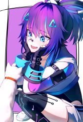Rule 34 | 1girl, absurdres, animal, bandaid, bandaid on face, bandaid on nose, blue eyes, blue hair, cat, cropped jacket, fingerless gloves, gloves, hair ornament, highres, jacket, leotard, long hair, looking at animal, melody (projektmelody), melody (projektmelody) (4th costume), mozzu123, multicolored hair, open mouth, ponytail, purple gloves, purple hair, purple leotard, purple thighhighs, shoes, short shorts, shorts, smile, sneakers, solo, streaked hair, thighhighs, triangle hair ornament, virtual youtuber, vshojo, white footwear, white jacket, white shorts