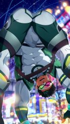 Rule 34 | 1boy, abs, ass, bandaid, bandaid on cheek, bandaid on face, bandaid on nose, bara, black hair, bodysuit, bulge, chest harness, covered abs, covered erect nipples, fingerless gloves, gloves, green gloves, green hair, grey bodysuit, harness, highres, kyoichi (live a hero), large pectorals, live a hero, looking at viewer, male focus, mazjojo, multicolored hair, muscular, muscular male, nipples, open mouth, pectorals, short hair, skin tight, solo, streaked hair, superhero costume, thick thighs, thighs, two-tone bodysuit, two-tone hair, visor