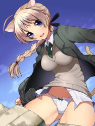 Rule 34 | 1girl, animal ears, blonde hair, blue eyes, blush, braid, breasts, cat ears, cat tail, day, has bad revision, has downscaled revision, jacket, long hair, looking at viewer, lynette bishop, mataro (matarou), md5 mismatch, medium breasts, open clothes, open jacket, open mouth, panties, resolution mismatch, single braid, sky, smile, solo, source smaller, strike witches, sweater vest, tail, thighhighs, underwear, white panties, world witches series