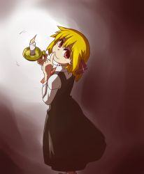 Rule 34 | 1girl, blonde hair, candle, candlelight, candlestand, dress, female focus, finger to mouth, gradient background, hair ribbon, hihachi, red eyes, ribbon, rumia, shirt, short hair, solo, touhou, white background