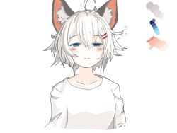 Rule 34 | 1girl, ahoge, animal ear fluff, animal ears, blue eyes, blush, collarbone, color guide, commentary, cropped torso, facing viewer, grey hair, hair between eyes, hair ornament, hairclip, half-closed eyes, highres, kemonomimi mode, messy hair, nerak raul, rurine luna, shirt, short hair, simple background, solo, spanish commentary, virtual youtuber, wactor production, white background, white shirt, wolf ears