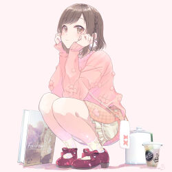 1girl bag blush braid brown_eyes brown_hair closed_mouth cup disposable_cup drinking_straw full_body hands_on_own_cheeks hands_on_own_face head_rest highres long_sleeves looking_at_viewer pink_sweater project_sekai quatraise red_footwear shinonome_ena shoes short_hair signature simple_background skirt sleeves_past_wrists socks solo squatting sweater white_background white_socks