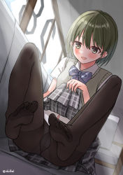 Rule 34 | 1girl, blush, clothes lift, couch, feet, green eyes, green hair, highres, idolmaster, idolmaster shiny colors, nanakusa nichika, open mouth, panties, panties under pantyhose, pantyhose, pantyshot, short hair, skirt, skirt lift, soles, toes, underwear