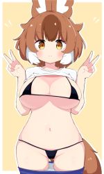 Rule 34 | 1girl, berusa (berutoo), bikini, blush, breasts, brown hair, closed mouth, dhole (kemono friends), double v, extra ears, groin, highres, kemono friends, kemono friends 3, looking at viewer, meerkat ears, meerkat tail, micro bikini, multicolored hair, navel, outline, short hair, smile, solo, stomach, swimsuit, v, white hair, yellow eyes