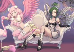 Rule 34 | 1000marie, 2girls, arm garter, bare shoulders, bird, black gloves, boots, bra, breasts, head rest, choker, cleavage, colored eyelashes, couch, crown, curtains, detached sleeves, dress, elbow gloves, feathered wings, flamingo, fur, gears, gloves, green eyes, green hair, hair ornament, high heels, highres, jewelry, knee boots, legs, lingerie, lipstick, long hair, makeup, mechanical wings, multiple girls, necklace, original, pearl necklace, pink bra, pink footwear, pink hair, pink heels, pink legwear, ponytail, shoes, short dress, sitting, smile, thighhighs, underwear, wings, yellow eyes