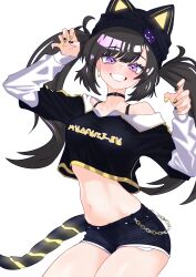 Rule 34 | 1girl, absurdres, animal ears, black shirt, brown hair, casual, cat ears, cat tail, chain, crop top, denim, denim shorts, duel monster, fake animal ears, fake tail, hat, highres, i:p masquerena, long hair, long sleeves, midriff, navel, oldsickkim, paw pose, purple eyes, shirt, short shorts, short sleeves, shorts, smile, solo, stomach, tail, twintails, yu-gi-oh!
