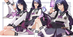 Rule 34 | 1girl, adjusting footwear, black hair, black skirt, black survival, bow, braid, commentary, gradient hair, hand up, highres, hitodama, holding, hyejin (black survival), crossed legs, long hair, long sleeves, looking at viewer, multicolored hair, multiple views, no shoes, pink footwear, purple bow, purple eyes, purple hair, shoes, single braid, sitting, skirt, socks, talisman, tongue, tongue out, tunamayo (dsasd751), twintails, very long hair, white legwear
