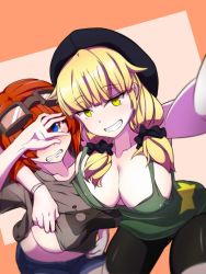 Rule 34 | 2girls, amano tora, arm around shoulder, bad id, bad pixiv id, bike shorts, blonde hair, blue eyes, blunt bangs, blurry, blush, borrowed character, breast press, breasts, cleavage, clenched teeth, clothes lift, covering face, depth of field, embarrassed, gero-gh, goggles, goggles on head, grin, large breasts, long hair, looking at viewer, low twintails, multiple girls, no bra, original, reaching, reaching towards viewer, red hair, selfie, shirt lift, shirt tug, shorts, smile, tank top, teeth, twintails, yellow eyes
