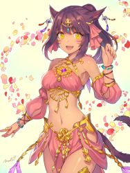 Rule 34 | 10s, 1girl, animal ears, warrior of light (ff14), bare shoulders, breasts, cat ears, cat tail, dark-skinned female, dark skin, detached sleeves, earrings, fang, final fantasy, final fantasy xiv, gradient background, hair ribbon, harem outfit, jewelry, medium breasts, midriff, miqo&#039;te, momoko (momopoco), navel, open mouth, petals, ponytail, purple hair, revision, ribbon, skirt, slit pupils, smile, solo, tail, tiara, yellow eyes