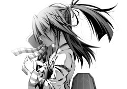 Rule 34 | 1girl, adjusting hair, akane harurou, flight deck, from side, greyscale, hachimaki, hair tie, headband, high ponytail, japanese clothes, kantai collection, long hair, long sleeves, messy hair, monochrome, mouth hold, muneate, ponytail, profile, simple background, solo, upper body, white background, zuihou (kancolle)