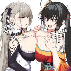 Rule 34 | 2girls, ahoge, akaoni (zumt3548), anger vein, azur lane, bare shoulders, between breasts, black dress, black hair, black ribbon, black sleeves, breast press, breasts, cleavage, collarbone, commentary request, commission, crossed bangs, detached collar, dress, eye contact, formidable (azur lane), frilled dress, frills, hair between eyes, hair ribbon, hands up, highres, japanese clothes, kimono, large breasts, long hair, looking at another, mask, mask on head, motion lines, multiple girls, necktie, necktie between breasts, obi, open mouth, red eyes, red kimono, red ribbon, ribbon, sash, sidelocks, silver hair, simple background, skeb commission, sound effects, standing, symmetrical docking, taihou (azur lane), teeth, twintails, two-tone dress, two-tone ribbon, upper body, very long hair, white background, white dress, white necktie, white ribbon, wide sleeves