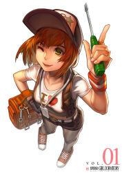 Rule 34 | 1girl, bag, baseball cap, black pantyhose, cover, crop top, face, from above, girl dormitory, green eyes, hat, heart, jewelry, krenz, midriff, necklace, one eye closed, orange hair, pantyhose, pointing, pointing up, screwdriver, short sleeves, shorts, simple background, solo, star (symbol), vest, wink, wristband