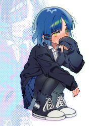 Rule 34 | 1girl, @ @, black footwear, black jacket, black pantyhose, blue hair, blue skirt, blush, bocchi the rock!, commentary, covering own mouth, green eyes, hair ornament, hairclip, highres, jacket, long sleeves, looking at viewer, pantyhose, pleated skirt, shirt, shoes, short hair, sidelocks, skirt, sleeves past wrists, sneakers, sofa (enogunomu), solo, squatting, sweat, white background, white shirt, yamada ryo, zoom layer
