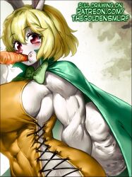Rule 34 | 1girl, blonde hair, blush, breasts, cape, carrot, carrot (one piece), covered navel, female focus, furry, furry female, huge breasts, looking at viewer, muscular, muscular female, one piece, rabbit girl, red eyes, short hair, sideboob, solo, the golden smurf