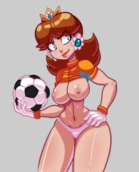 Rule 34 | 1girl, ball, blue eyes, bottomless, breasts, brown hair, clothes lift, crown, earrings, full body, gloves, highres, jewelry, lips, long hair, looking at viewer, mario (series), medium breasts, nevarky, nintendo, nipples, parted lips, princess daisy, shirt, shirt lift, simple background, smile, soccer ball, soccer uniform, solo, sportswear, super mario bros. 1, super mario land, super mario strikers, uncensored, wristband