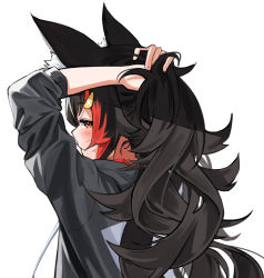Rule 34 | 1girl, animal ear fluff, animal ears, arms behind head, arms up, black hair, black hoodie, blush, brown eyes, closed mouth, commentary request, daichi (daichi catcat), from behind, hair ornament, hairclip, highres, hololive, hood, hoodie, long hair, long sleeves, looking at viewer, looking back, multicolored hair, ookami mio, ookami mio (casual), red hair, simple background, solo, streaked hair, upper body, virtual youtuber, white background, wolf ears