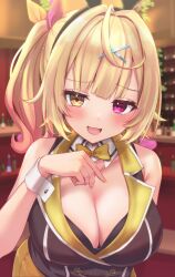 Rule 34 | 1girl, :3, :d, animal ears, bare shoulders, black bra, black vest, blonde hair, blush, bottle, bow, bowtie, bra, breasts, bunny garden, cleavage, collar, cosplay, fake animal ears, hair ornament, hair ribbon, heterochromia, highres, hoshikawa sara, indoors, large breasts, leaning forward, long hair, looking at viewer, multicolored hair, nail polish, nijisanji, nontraditional playboy bunny, open mouth, purple eyes, rabbit ears, reityana, ribbon, rin (bunny garden), rin (bunny garden) (cosplay), side ponytail, skirt, smile, solo, streaked hair, underwear, vest, virtual youtuber, white collar, wing collar, wrist cuffs, x hair ornament, yellow bow, yellow bowtie, yellow collar, yellow eyes, yellow skirt