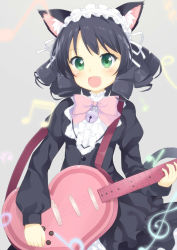 Rule 34 | 10s, 1girl, :d, animal ears, bass clef, bell, black hair, blush, cat ears, curly hair, cyan (show by rock!!), dress, electric guitar, fang, green eyes, guitar, heart, instrument, jingle bell, maccha, musical note, open mouth, quaver, short hair, show by rock!!, smile, solo, sparkling eyes, strawberry heart (show by rock!!), tail, treble clef