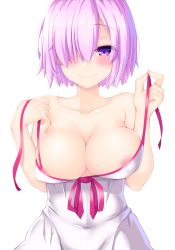 Rule 34 | 1girl, bad id, bad pixiv id, bare shoulders, breasts, closed mouth, fate/grand order, fate (series), hair over one eye, highres, large breasts, mash kyrielight, mash kyrielight (swimsuit of perpetual summer), official alternate costume, purple eyes, purple hair, short hair, simple background, smile, solo, tohochang, white background
