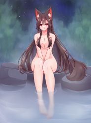 Rule 34 | 1girl, animal ears, blush, breasts, brown hair, cleavage, collarbone, completely nude, convenient censoring, hair censor, hair over breasts, hashi2387, highres, imaizumi kagerou, large breasts, long hair, nature, navel, night, night sky, nude, onsen, outdoors, partially submerged, red eyes, rock, sitting, sitting on rock, sky, smile, solo, tail, touhou, very long hair, wolf ears, wolf tail